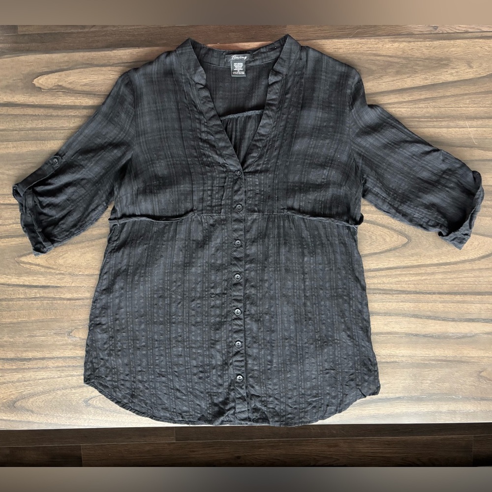 Timing black button down blouse with string tie, black (size M)